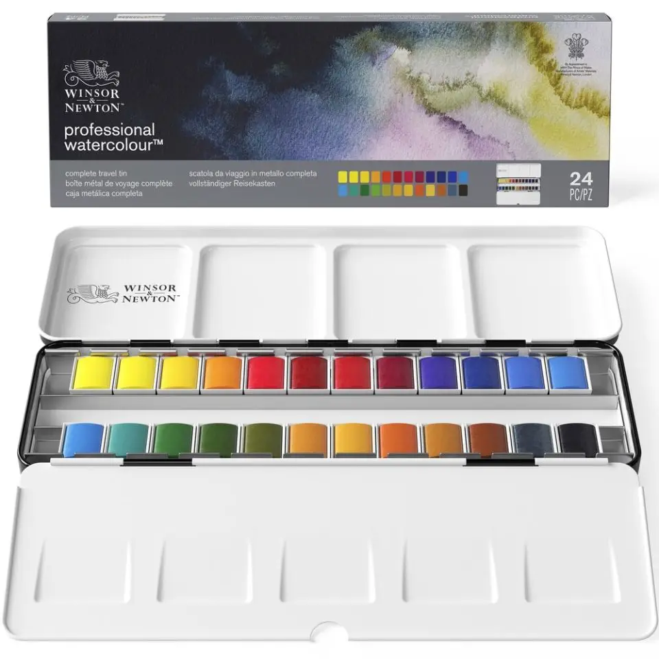 Winsor & Newton Professional Watercolor Complete Travel Tin-24 Портативные полукастрюли с неработанной производительностью для художников