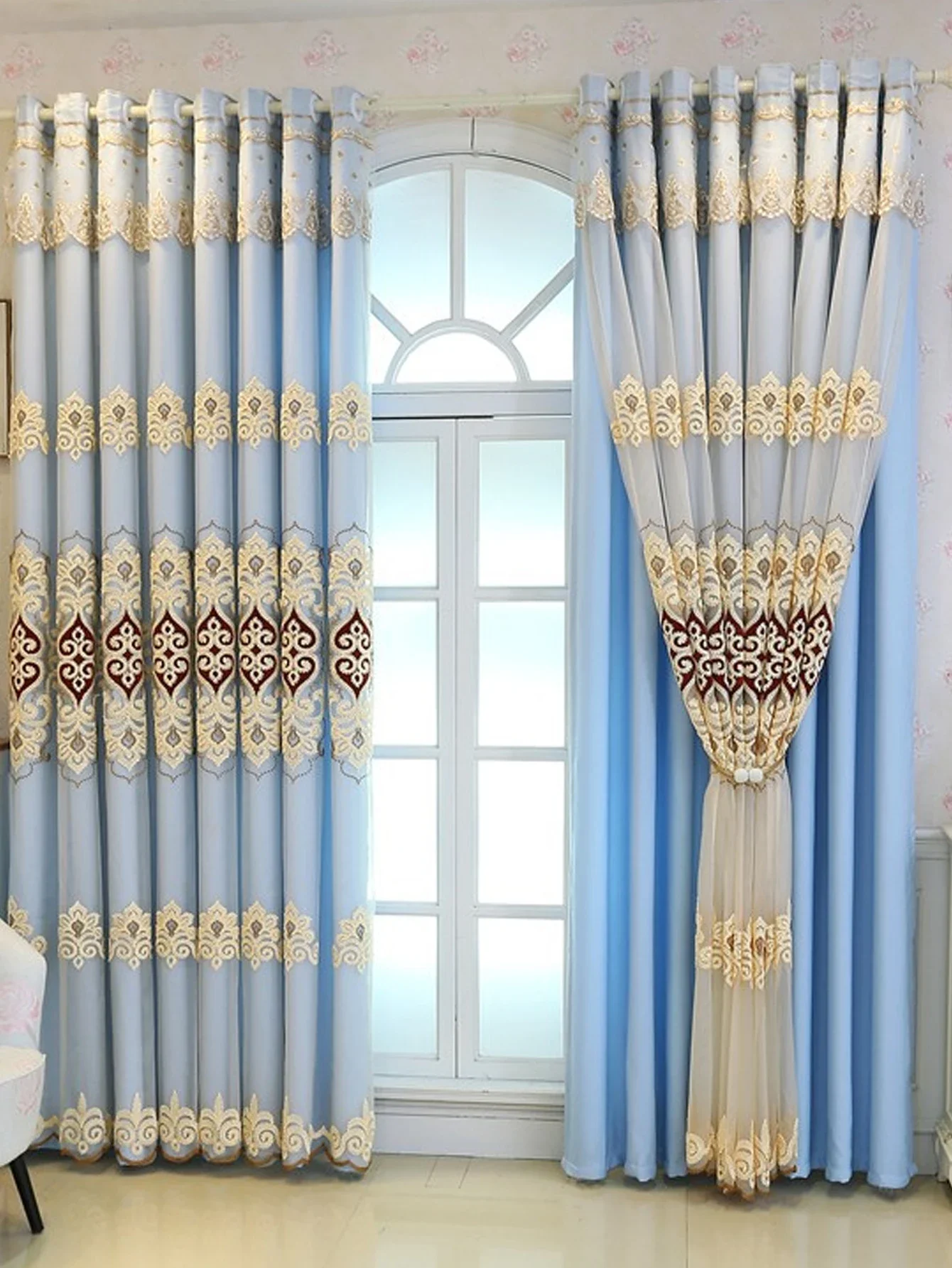 1PC Double Layered Embroidered Integrated European High-end Curtain Fabric Yarn Integrated Curtain