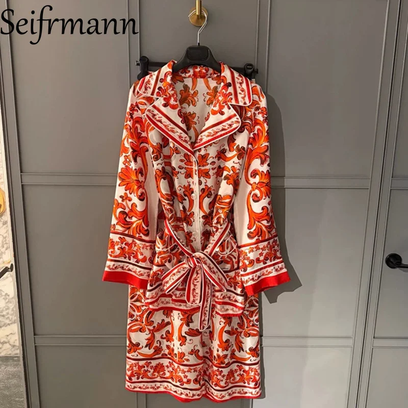 Seifrmann Casual printed silk two-piece lapel long-sleeved top high-waisted trousers suit 2026 summer new women's clothing