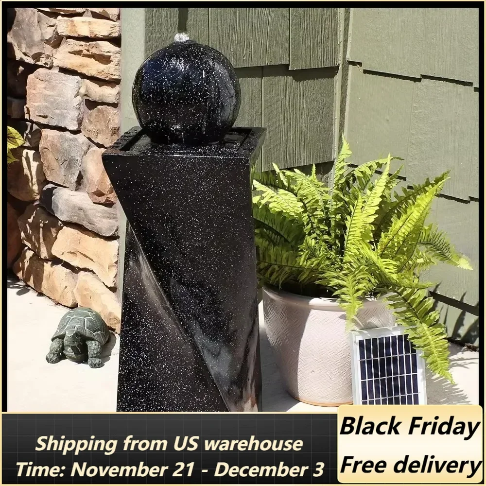 Black Ball 30-Inch Solar Fountain with Battery Backup and LED Light - Submersible Pump - Resin and Fiberglass