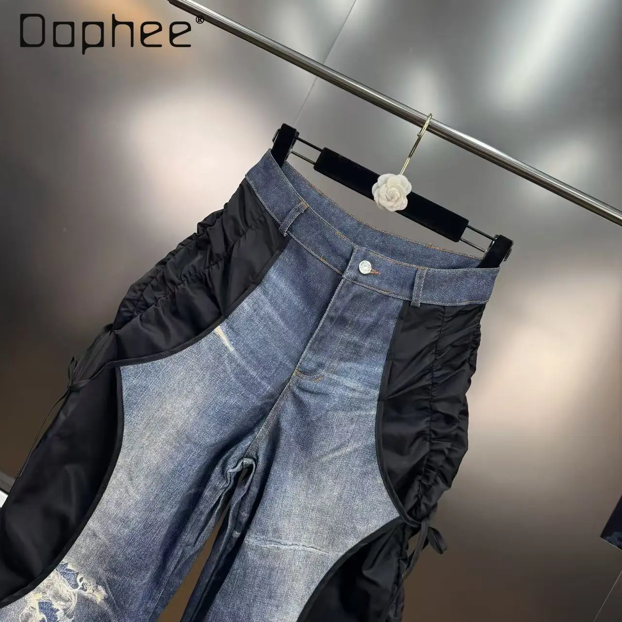 2026 frühling Straße Persönlichkeit Patchwork Schwarz Cargo Hosen Frauen Aushöhlen American Hot Girl Jeans Lose Gerade Lange Hosen