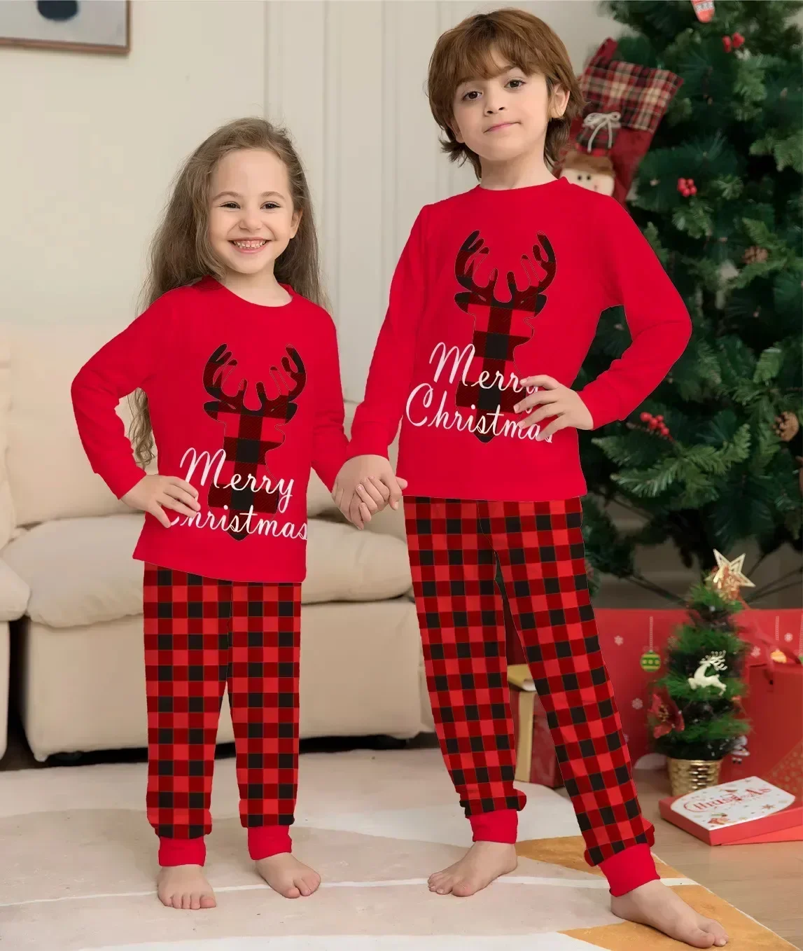 Whole Family Pjs Set Matching Xmas Christmas Pajamas Long Sleeve Deer Printed Red Black Plaid Mother Kids Mommy Daughter 2024