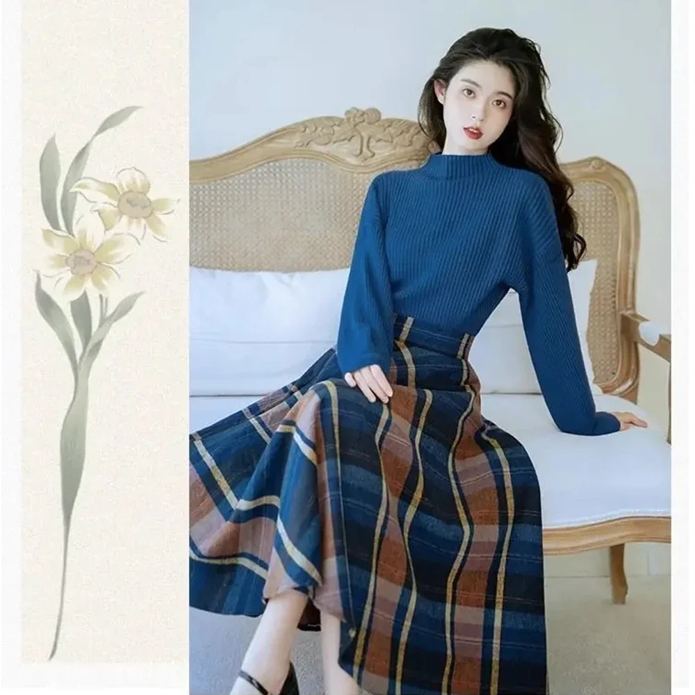 Women\'s Vintage Graceful Autumn Winter Sweater Plaid High Waist Skirts Two Piece Set Lady Solid Knit Tops Midi A-Line Skirt Suit