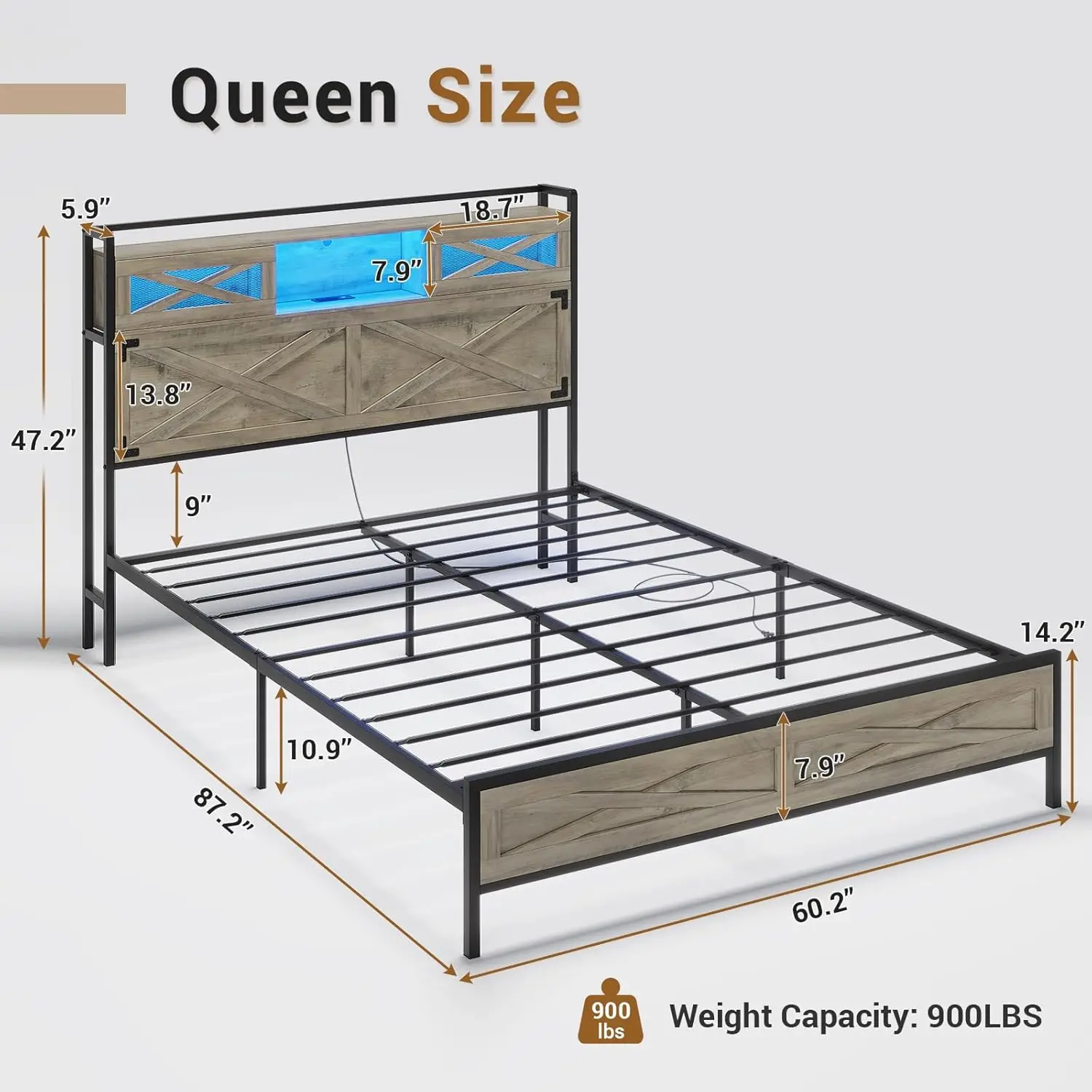 Farmhouse Bed Frame Queen Size with LED Lights and Charging Station, Rustic Platform Queen Bed with Storage Headboard