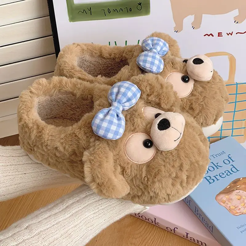 شباشب قطنية على شكل دب لطيف للنساء، ملابس خارجية للخريف والشتاء، غير قابلة للانزلاق، نعل سميك منزلي، مبطن بالصوف، مغلق من الخلف، أحذية قطنية دافئة #1