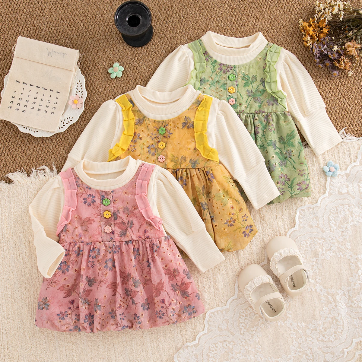 

Spring Autumn New Baby Girl Dress Korean Style Vintage Floarl Print Knit Long Sleeved Dress for Girls Banquet Costume