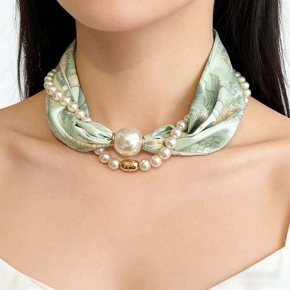 Simple Design Silk Material Magnetic Pearl Scarf Long Style Small Pearl Neck Warmer Magnetic Buckle Pearl Scarf Summer Season