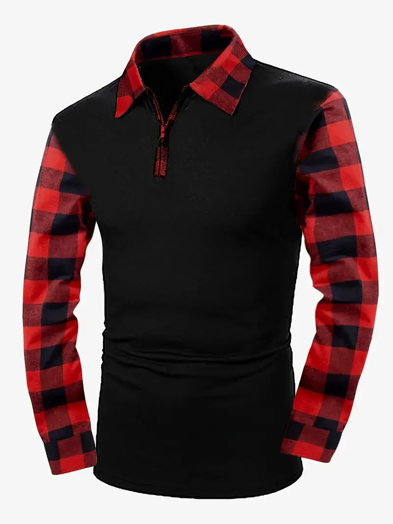 Retro Plaid Shirt, Men\'s Casual V-Neck Pullover Long Sleeve Rugby Shirt For Winter Fall, Men\'s Clothing