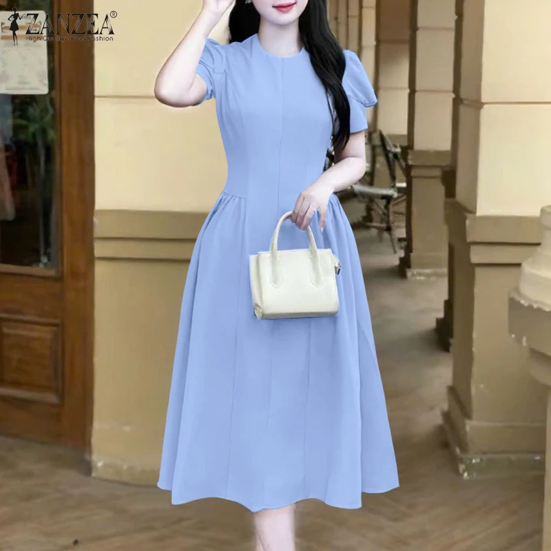 

ZANZEA 2026 Летнее платье А-силуэта, элегантное женское офисное миди-платье, стильное праздничное платье-сарафан, короткое платье с пышными рукавами и круглым вырезом, Vestidos