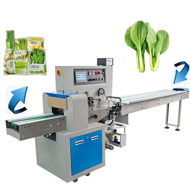 Full Automatic Plastic Bag Horizontal Flow Lettuce Packaging Wrapping Frozen Fresh Fruit Vegetable Packing Machine