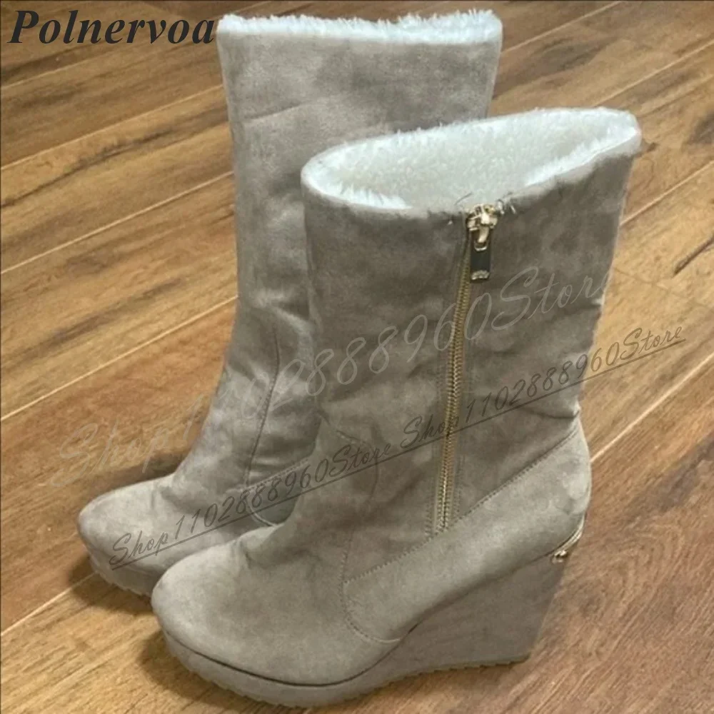 

Mid Calf Solid Flock Platform Fleece Boots Wedges High Heel Women Shoes Side Zipper Round Toe 2024 Fashion Zapatos Para Mujere