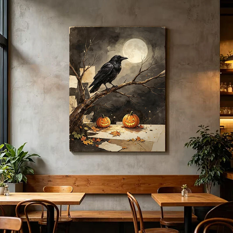 Vintage Halloween Crow Canvas Wall Art, Bare Tree Full Moon Jack O Lantern Maple Leaf Old Paper Print Poster, Rustic Dark Spooky