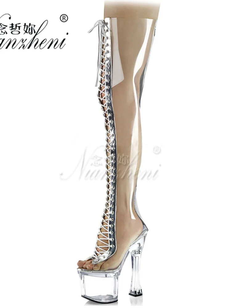 Stripper Transparent Heels exotic Over The Knee Boots Lace Up Open Toe Trend Sexy Shoes 15CM pole dance heels 6 Inches Platform