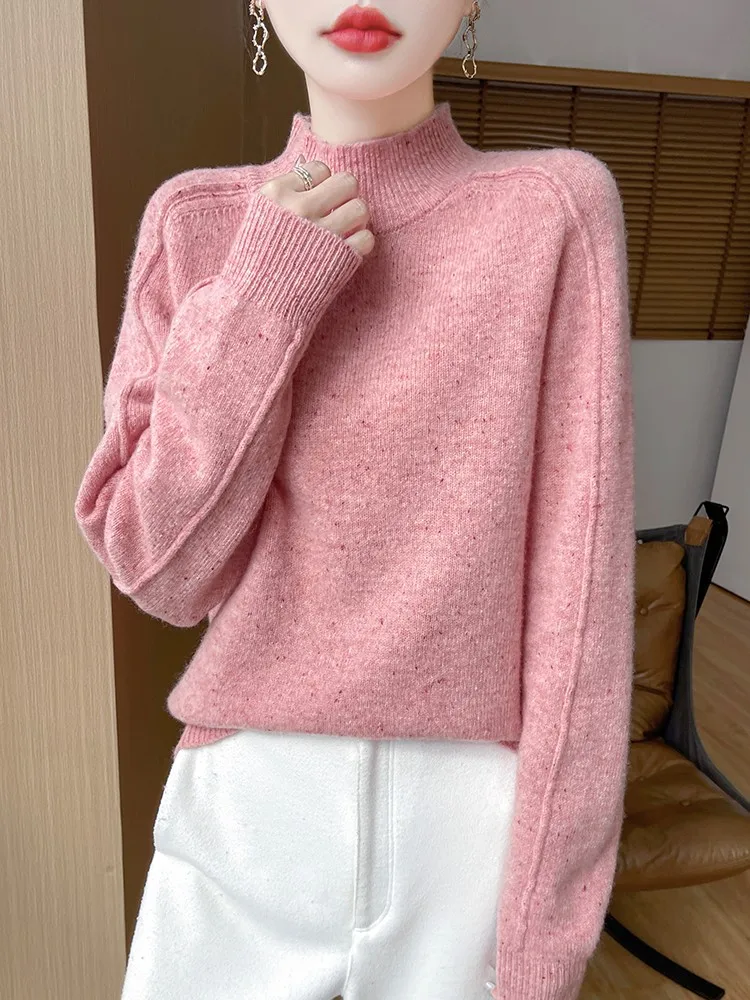 

Merino 100% Wool Women's Semi High Neck Pullover Sweater For Casual Fashionable Autumn Winter Thick Warm Knit Sweater
