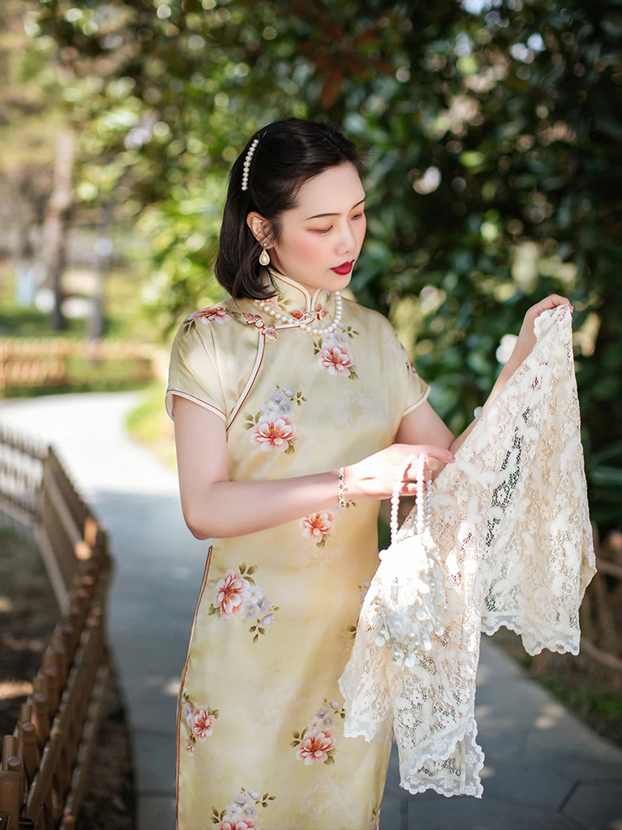 

Винтажное платье-ципао с цветочным принтом, коротким рукавом, для повседневной носки весной и летом, для женщин 25-35 лет