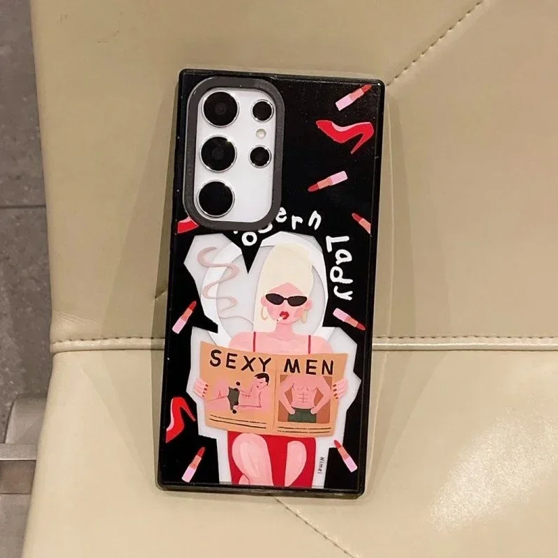 Sunglasses Girl MagSafe Acrylic Black Border Case for Samsung Galaxy S22 Ultra S23 Ultra S24 Ultra Cover Protective Shell