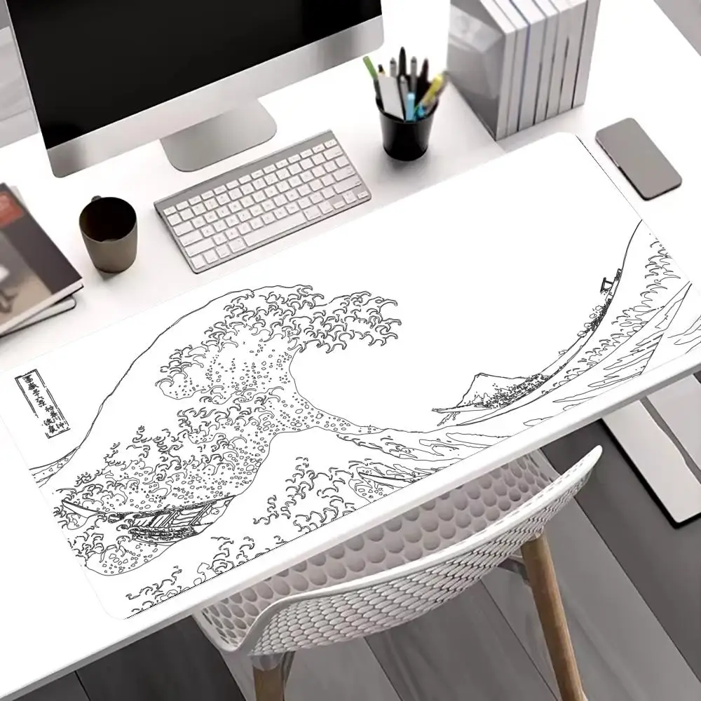 

White Japanese waves Mouse Pad Large Gaming Non-slip Seamed Edge Mousepads Laptop Tablet Mat Art Mini PC Gamer Keyboard Playmat
