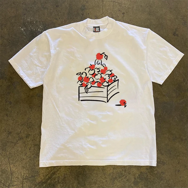 

Hand-Painted Cherry Unique Print T-irt Loose round Ne ort Sve Heavyweight Non-Lightweight Summer Faion Top