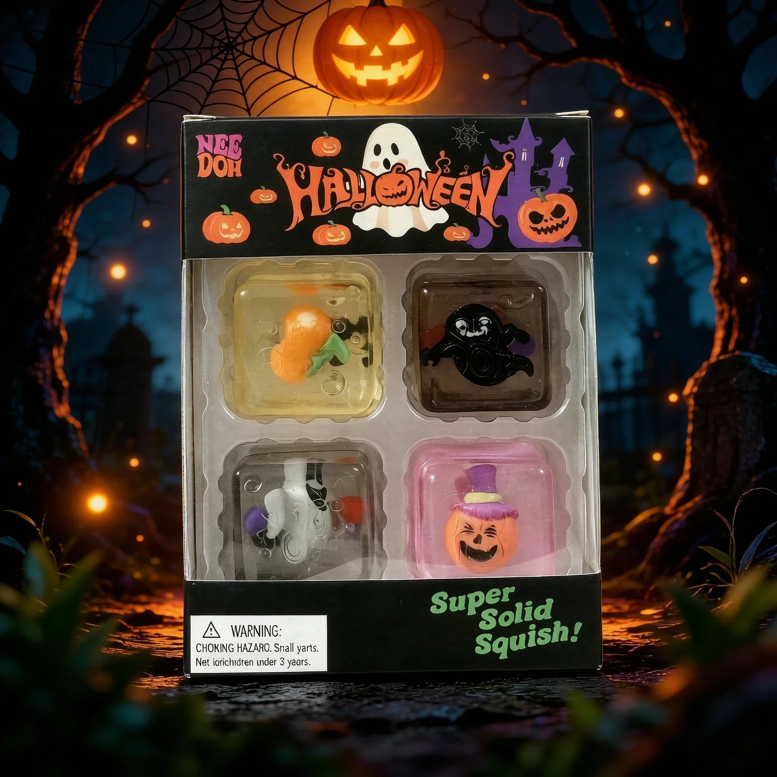 Schylling NeeDoh Halloween Teenie Mini Ice Cube 4‑Pack Fidget Toy,Maltose Slow‑Rebound Stress Squeeze Sensory Ball