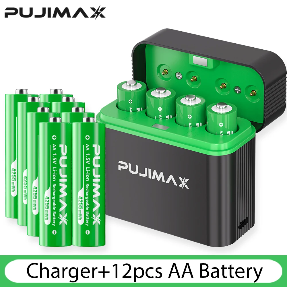 PUJIMAX 4/8/12 Slot AA 4255mWh Smart Oplaadcompartiment 1,5V Lithiumbatterij Oplaadbare Oplader Set Grote Capaciteit