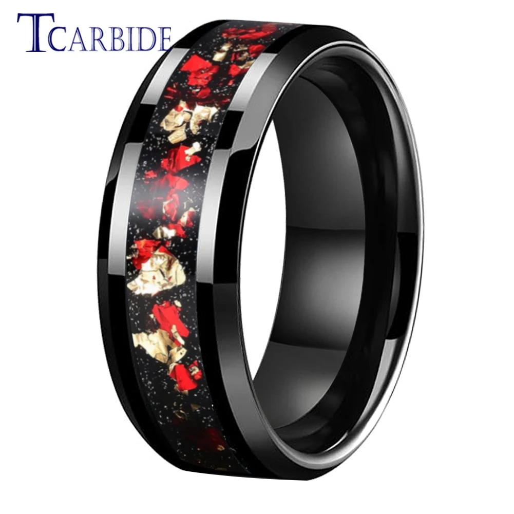 

Dropshipping 6mm 8mm Beautiful Red Gold Foil Ring Men Women Tungsten Wedding Band Fasthion Jewelry Bevel Edges Comfort Fit