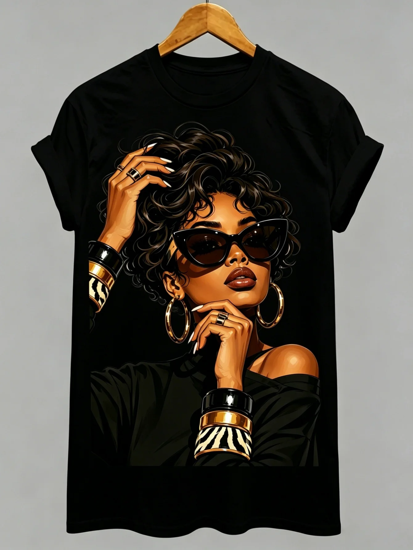 Women's Pure Cotton, Cat Eye Sunglasses Printed Trend Round Neck Short-sleeved T-shirt