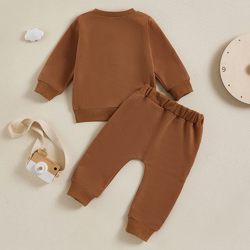 Infant Boys Girls Fall Outfits Long Sleeve Embroidered Tops and Solid Color Pants Sets for Toddlers