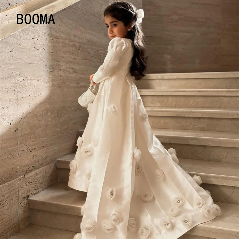 Booma A-Line Flower Girl Dresses Girls Wedding Party Dresses Full Sleeve 3D Flowers Ball Gowns Customized