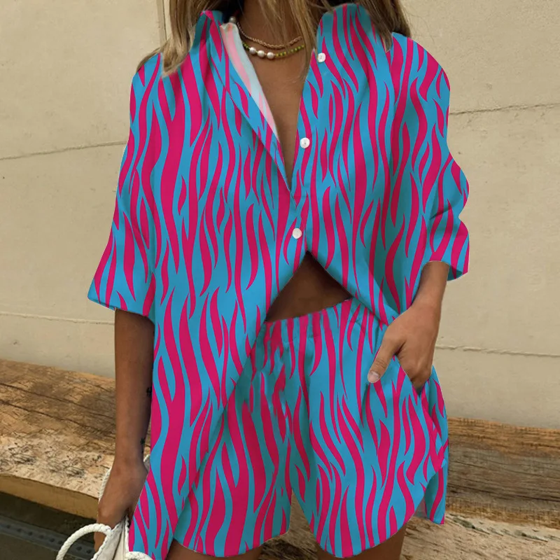 Feminino conjunto de duas peças casual boêmio praia férias camisas curtas 2 peças conjuntos para verão feminino solto impressão terno outfites 2024