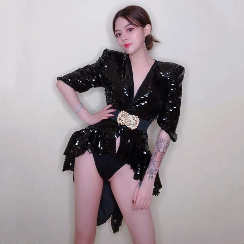 Punk Style Black Sequins Swallowtail Jacket Swallow-tailed Coat Jazz Dance Performance Clothes Women Singer Dancer Stage Costume