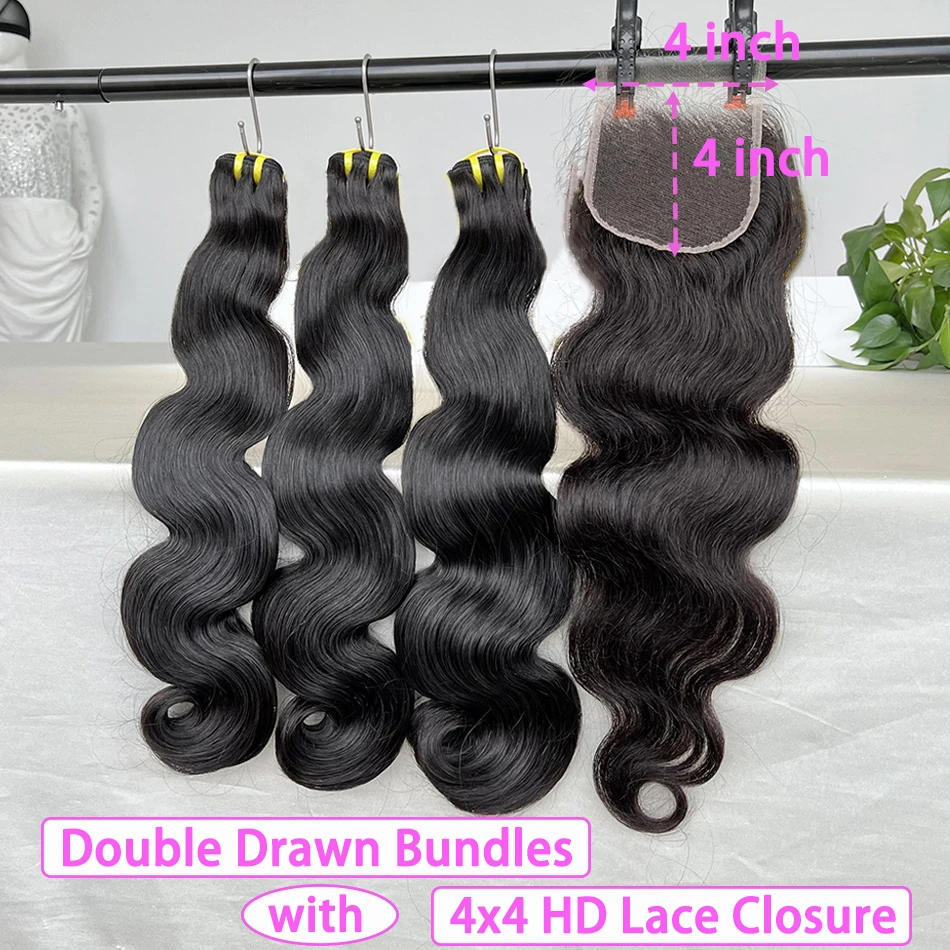 Body Wave Double Drawn Human Hair Bundles With 4x4 5x5 13x4 HD Lace Closure Frontal Natural Hair Weaving Extensions For Women