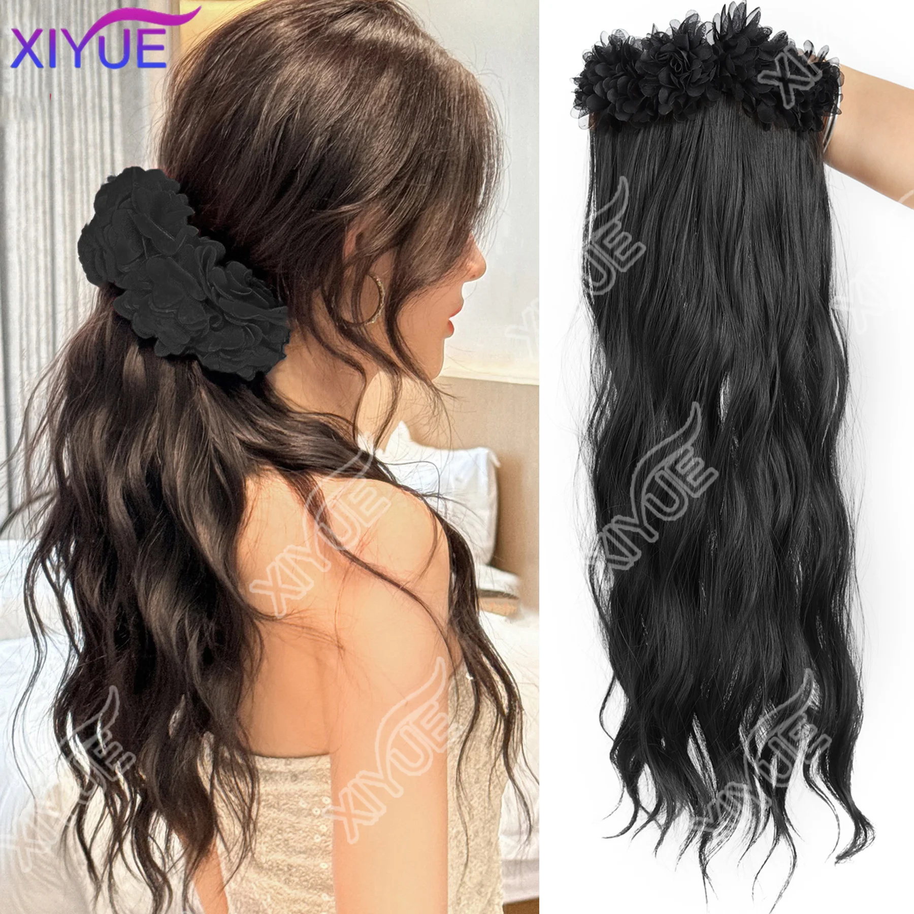 

Synthetic Long Curly Wig Claw Clip Flower Fluffy Wig Hair Clip Red Black Clip in Ponytail Wig Women