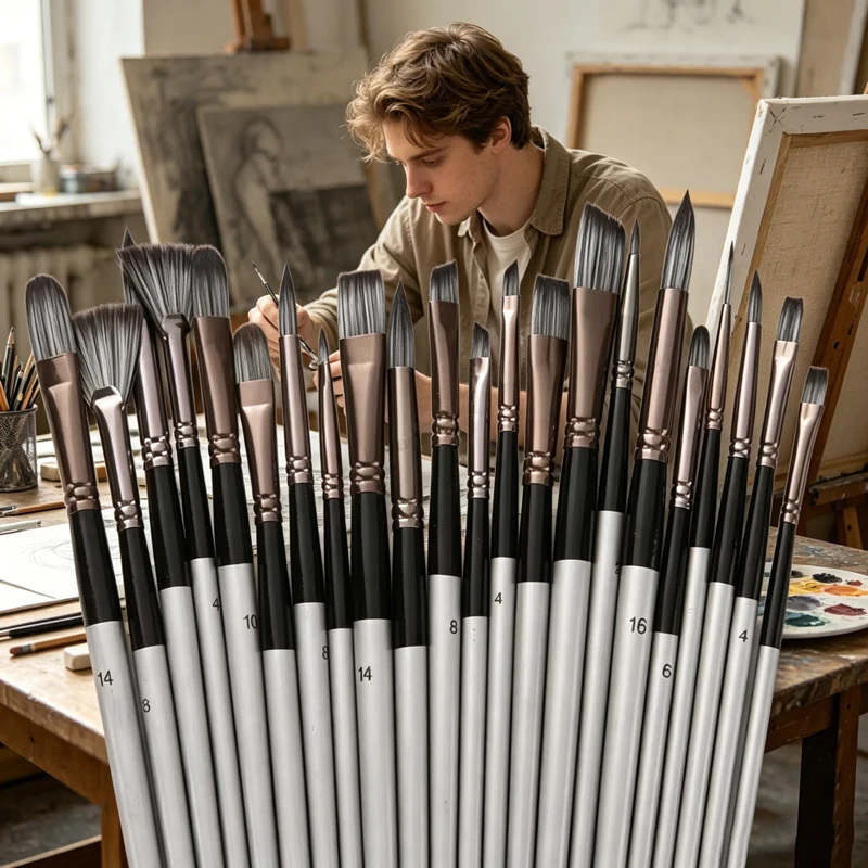 24Pcs Artist Paint Brush Set with Palette Scraper, Wooden Handle Nylon Brushes for DIY Oil, Acrylic Painting Art Craft Supplies