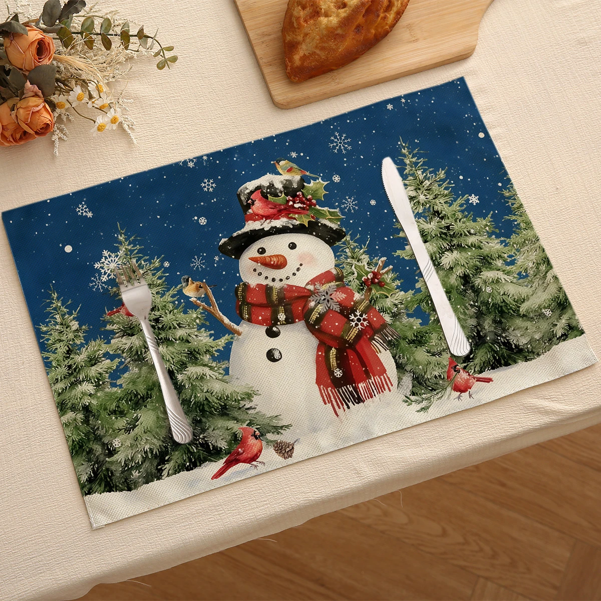 VIKAMA Scarf & Snowman Placemat, Washable Heat Resistant Placemat for Dining Table Kitchen