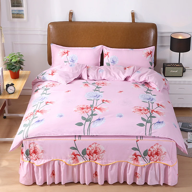 

Fashion Lattice Bedding Set Bed Sheet Cute Princess Bed Skirt Sided Ruffle Flower Quilt Cover Pillowcase Bedclothes Home Textile