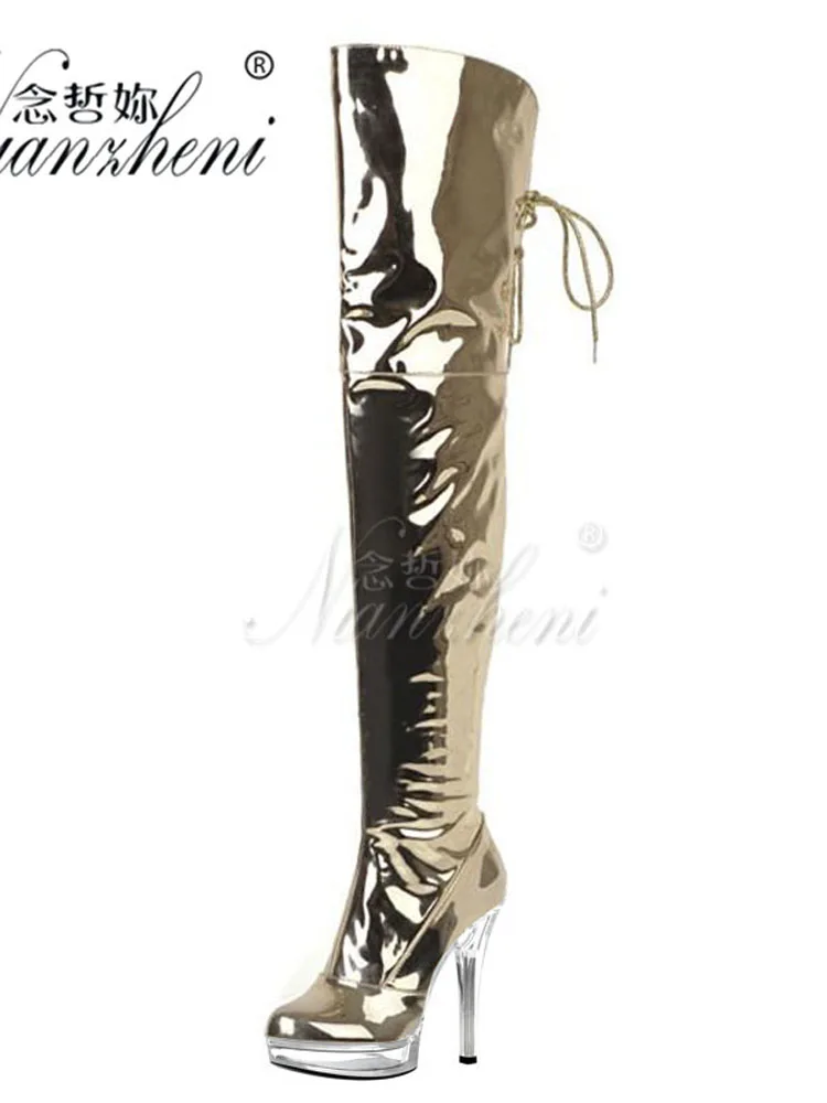 15CM Super Stiletto Heels Silver Crystal Platform Small Size Over The Knee Boots Clubbing Stripper Queen 6 Inches Fashion Mature