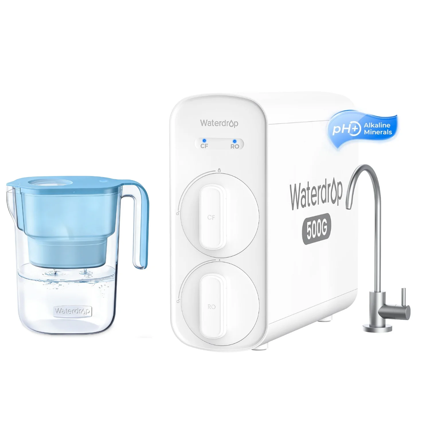 

Waterdrop G5P500A Щелочный минеральный фильтр для воды pH + обратного осмоса, включая кувшин с фильтром для воды с каплями воды и 1 фильтром