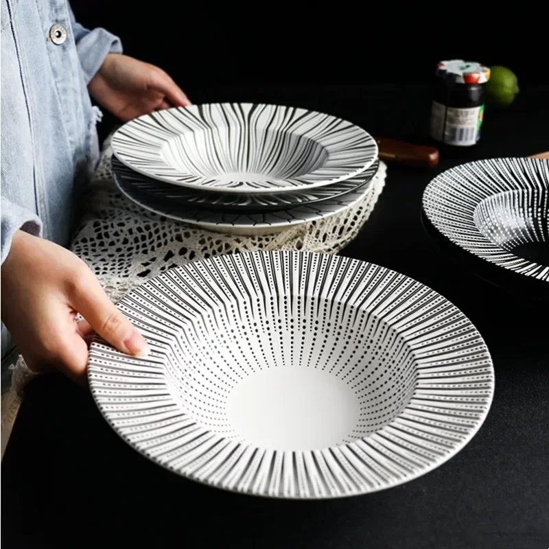 Black and White Striped Ceramic Plates, Round Straw Hat Plates, Desserts, Salads, Pasta, Soup Plates, Home Kitchen, Cutlery