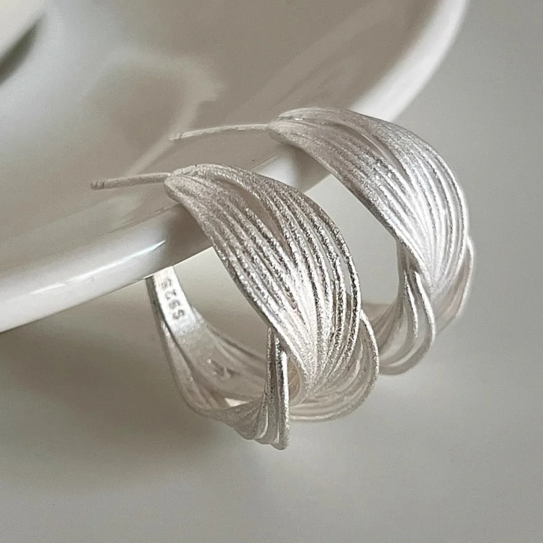 PANJBJ 925 Sterling Silve Frosting Hoop Earrings for Women Crossing Line Hollow Out Retro Versatile Jewelry Gift Dropshipping