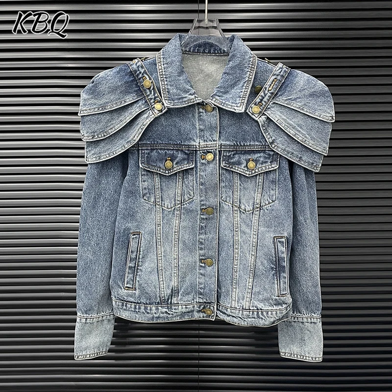 

KBQ однотонная шикарная джинсовая куртка на пуговицах для женщин с лацканами и длинными рукавами в стиле пэчворк с карманами, шикарные куртки женские осенние стильные новые