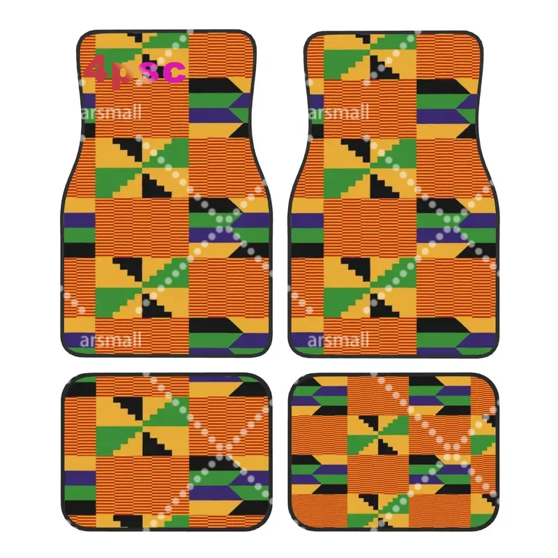 Car Floor Mats 4 Pcs Crystal Velvet Ashanti Kente Cloth Universal Front Rear Foot Mats Non-Slip Carpets Rugs Ghana Pieces Auto