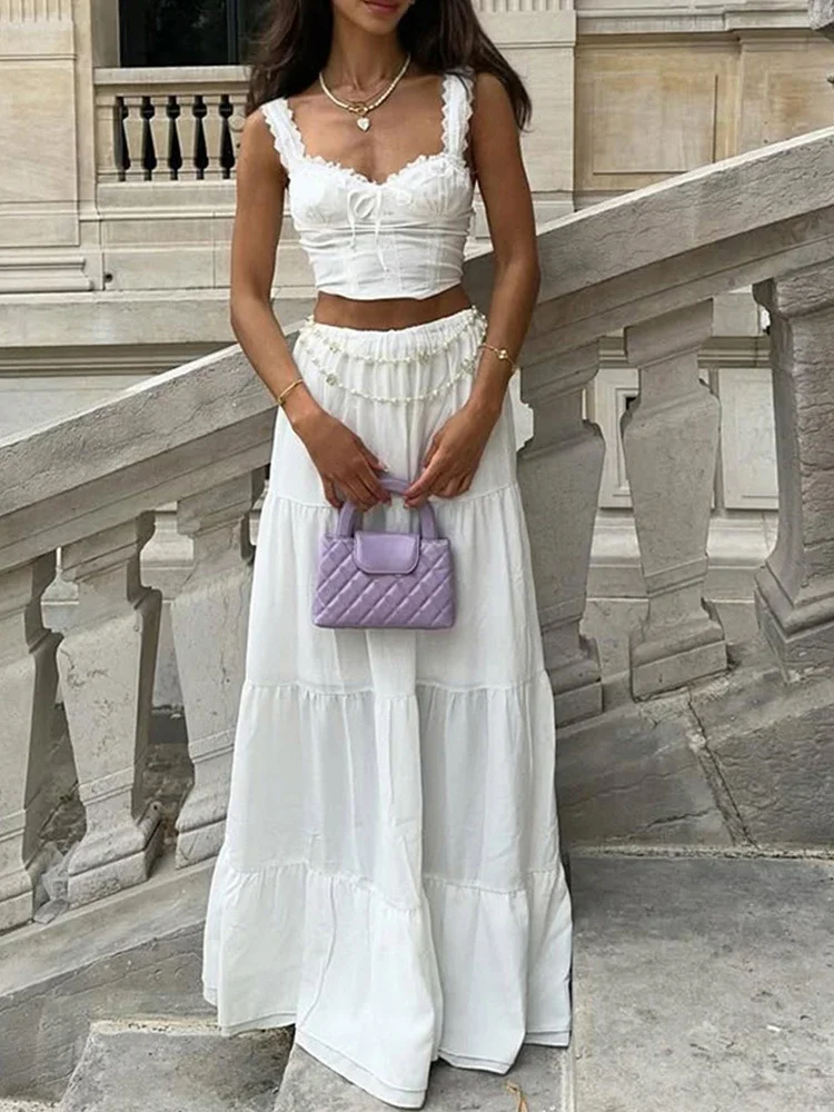 Seksowny komplet: koronkowa bluzka na ramiączkach z odkrytymi ramionami i długa spódnica, elegancki strój damski z wysokim stanem w stylu college, codzienny, bez rękawów, jednolity kolor, zestaw 2-częściowy.
