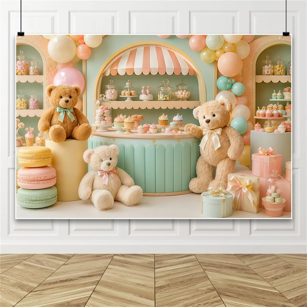 Pastel Teddy Bear Birthday Backdrop Candy Shop Macaron Photography Studio Background for Baby Shower First Birthday Cake Smash