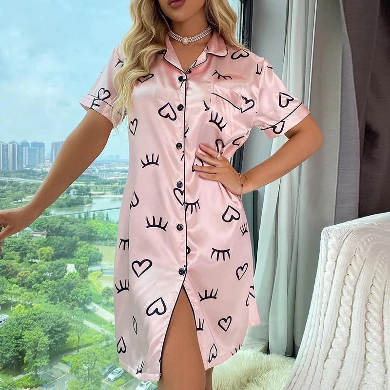 Dames Nachtjapon Satijnen Knoop Naar Beneden Korte Mouw Roze Streep Print Sleepshirt Boyfriend V-Hals Nachthemd Nachtkleding Nachtkleding Nachthemd