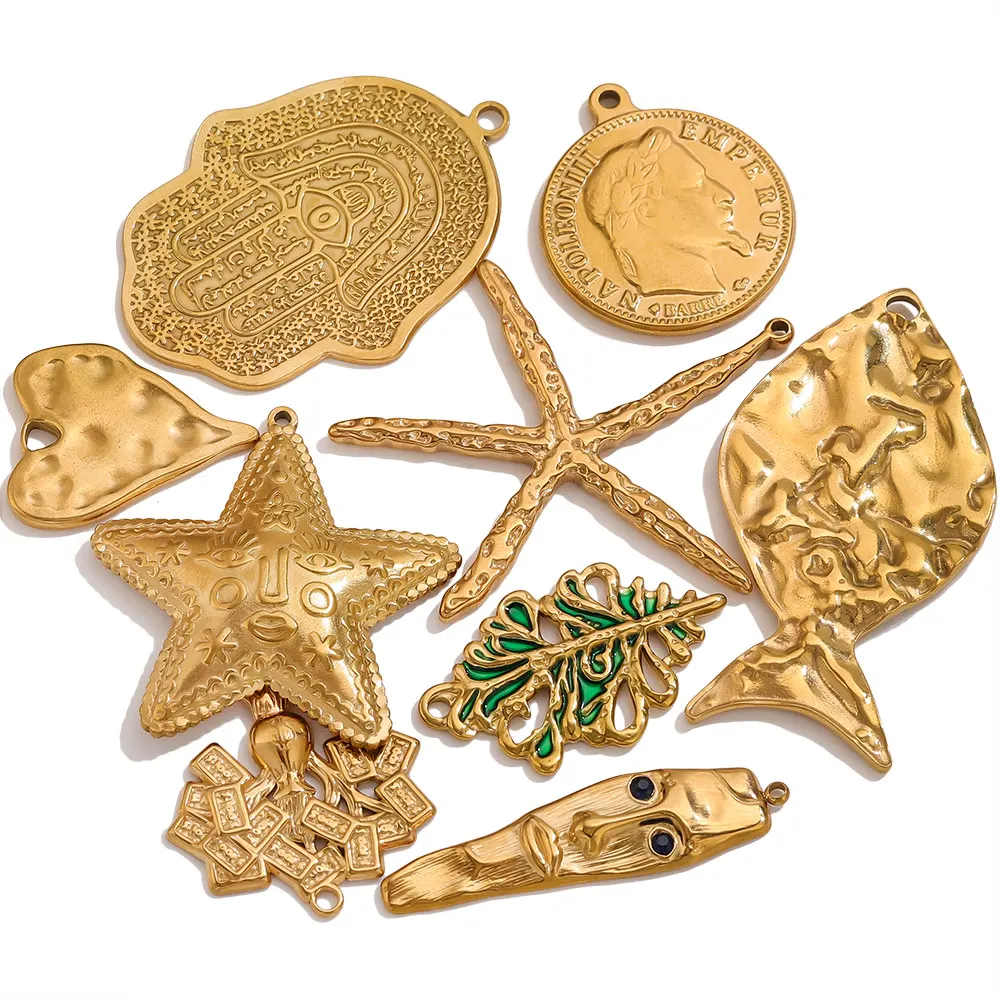 5 Stück Edelstahl-Anhänger Großer Fisch Seestern Hamsa Hand Goldanhänger für DIY Damen Halskette Ohrringe Schmuckherstellung Zubehör – Detail 4