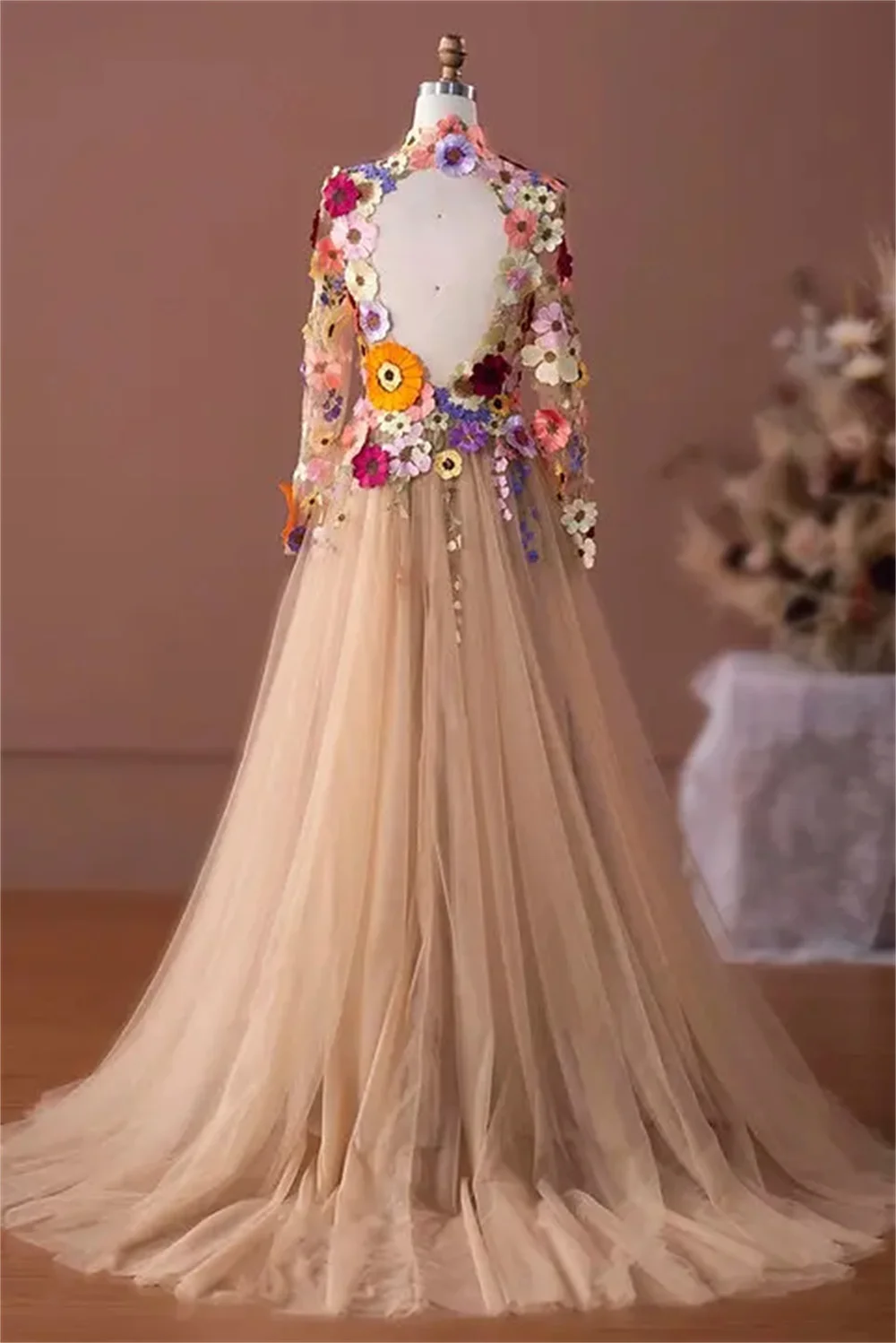 Cathy Flower Appliques Prom Dresses High Neck Tulle A-line فساتين السهرة Elegant Long Sleeves Floor-Length vestidos verano moda