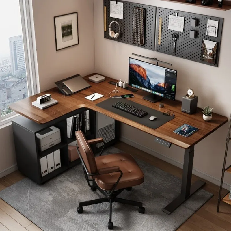 

Four-legged corner electric lifting table L-shaped leather surface solid wood e-sports desk household computer desk desk