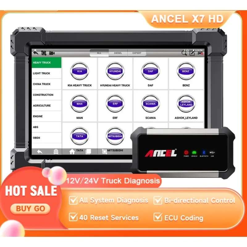 

ANCEL X7 HD Heavy Duty Truck Diagnostic Tool Bluetooth OBD2 All System Oil D-P-F Regen ECU Reset 12V 24V Diesel Truck Scanner