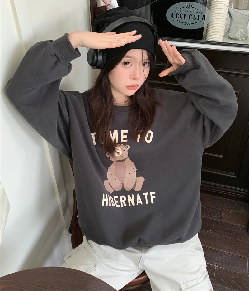 Retro Oversize Hoodie Women's Spring Autumn Thickened Fleece round Neck Long Sleeve Loose Fit Commute Style Korean Version