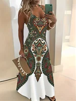 Vestido Maxi con Tirantes Finos, Diseño Estampado Paisley Verde, Marrón, Rojo y Blanco